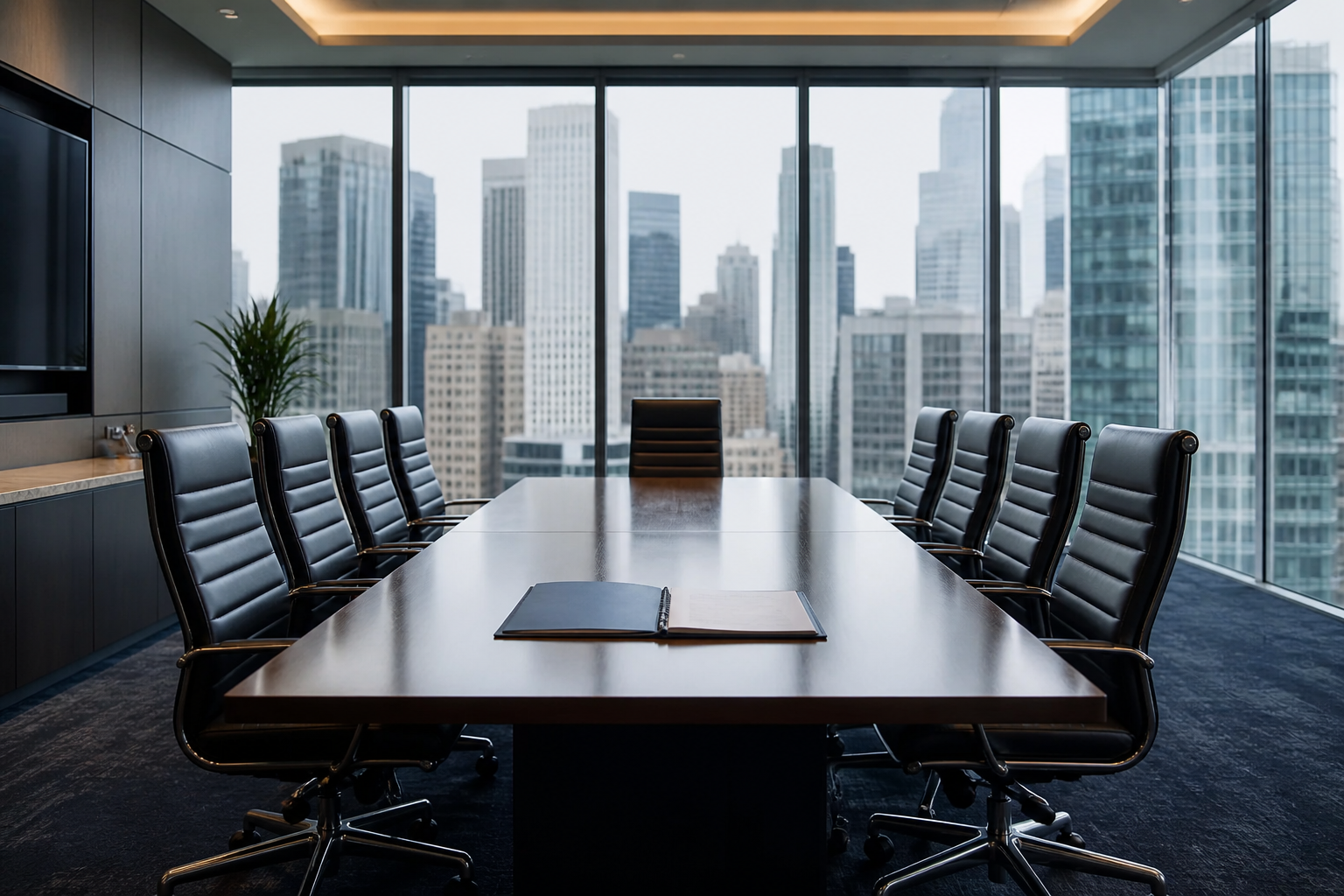 Empty executive boardroom prepared for counsel